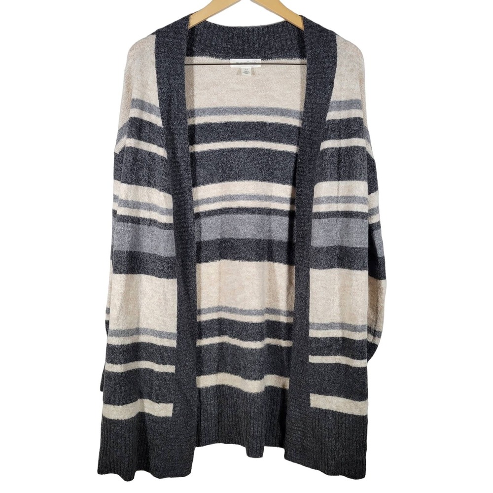 Treasure & Bond Striped Open Front Long Cardiganβ Sweater XS Beige Grey Black